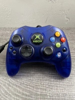 Original Xbox Controller S-Type Clear Blue Genuine OEM w/ Breakaway Cable Works - Image 1 of 4