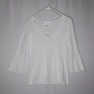 LOFT Y2K Vtg Top Small White Stretch Plunge Neck 3/4 Flare Bell Sleeve Fairycore - Picture 1 of 9