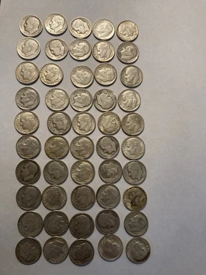 90% Silver Roosevelt Dime Roll Of 50 - Image 1 of 3