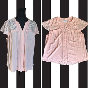 New Directions Dainty Pastel Pink Floral Lace Blouse Button Up Size XL - Picture 1 of 12