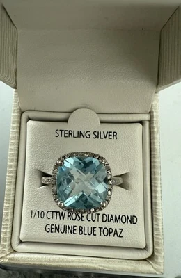 Anillo de plata esterlina 1/10 CTTW corte rosa diamante topacio azul genuino talla 10 Foto 1 de 4