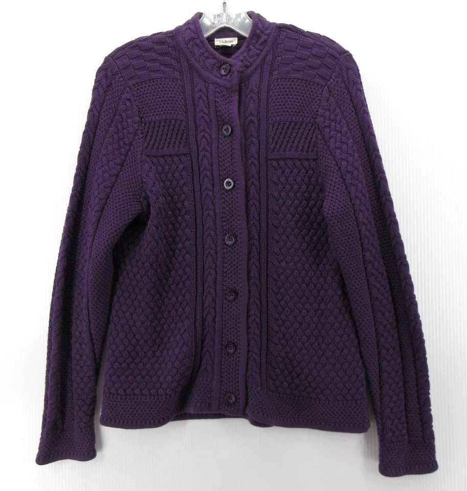 Suéter LL Bean Mujer Pequeño Cárdigan Púrpura Pescador Cable Tejido Banda Cuello * Foto 1 de 4