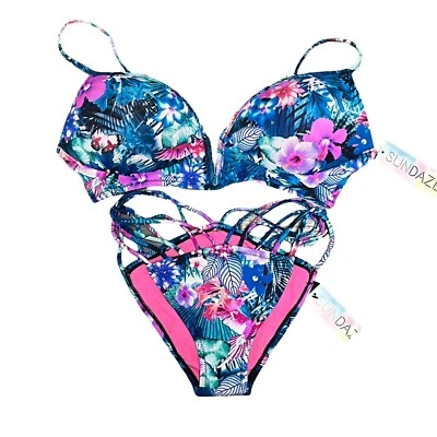 NWT Sundazed Bikini Set Maya V Wire Bra Top 34B/C Lacy Strappy Bottoms Medium   - Image 1 of 4