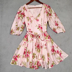 By The River Dress Womens Large Pink Floral Tie-Waist Puff Sleeve A-Line Prairie - Picture 1 of 13