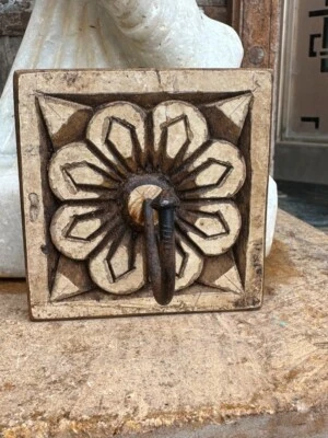 Antique Old  Wooden Hand Carved Floral White Paint Wall Hanging Hook Hanger - Image 1 of 4