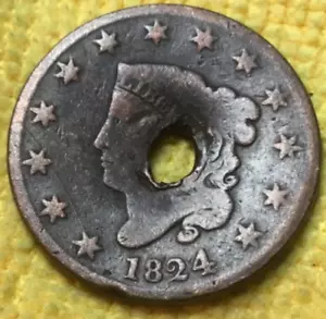 1824 U.S. CORONET HEAD LARGE CENT COPPER PENNY 1c COIN HOLED - Picture 1 of 2