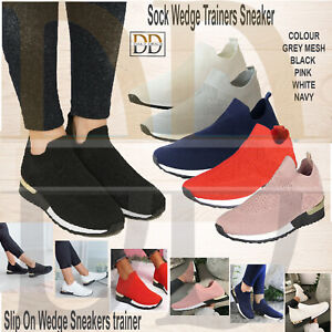 WOMENS SLIP ON TRAINERS SNEAKERS	LADIES JOGGING CLASSIC SOCK WEDGE PUMPS SHOES