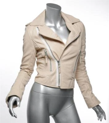 BALENCIAGA Womens Blush Leather Fitted Moto Jacket Coat US4 / FR36 XS - Image 1 of 4