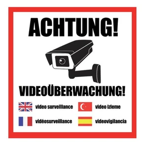 1-50x ACHTUNG Videoüberwachung Aufkleber Hinweis Warnaufkleber Kamera 4 Sprachen - Bild 1 von 2