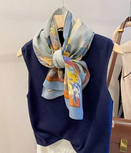 Women's 100 Silk Scarf Vintage Shawls Neckerchief Muffler Chinoiserie Blue Black - Picture 1 of 20