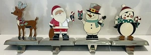 Christmas STOCKING HOLDERS (4) Silver Tone Metal SNOWMAN~SANTA~REINDEER~PENGUIN - Picture 1 of 5