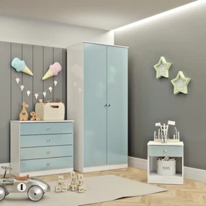 Denver Trio Bedroom set Blue Gloss Wardrobe Chest of Drawers Bedside - Picture 1 of 11