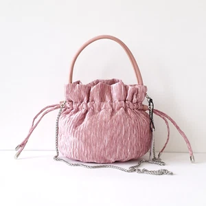 LANCASTER PLISSE BUCKET BAG LEATHER HANDLE CHAIN STRAP DRAWSTRING FABRIC TEXTILE - Picture 1 of 9