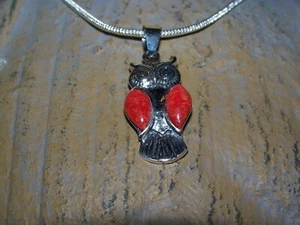 Sterling Silver Owl w/ Red Coral & aventurine, 2mm 16-30 inch sterling necklace. - Picture 1 of 4