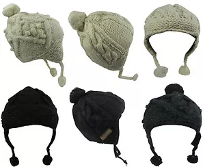Handgestrickte klobige Wollvlies gefütterte Beanie Bommel gehäkelt nepalesisch Boho Hüte Kappen - Bild 1 von 20