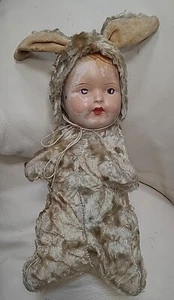 Vintage Doll Face Easter Bunny Rabbit w/ Bonnet Antique Composition 14" w/ Ears - Picture 1 of 8