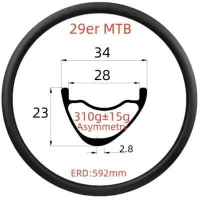 Llanta de carbono 29er MTB 23 mm de profundidad 34 mm de ancho asimetría sin gancho sin cámara 28 32 agujeros  Foto 1 de 4