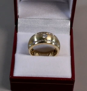 14K YELLOW GOLD DIAMOND SATIN AND POLISHED FINISH 10MM WIDE WEDDING BAND RING - Picture 1 of 12