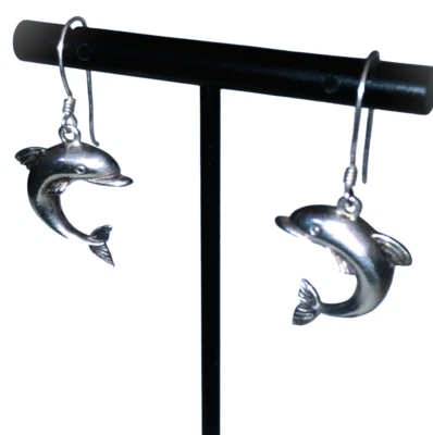 925 Sterling Silver Dangle Dolphin Wire Hook Earrings  ~ 1 1/2" T X 3/4" W 4.46g - Image 1 of 4
