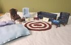 Dollhouse Furniture Upholstered Couch, Chairs, Ottoman, + Other Dollhouse Minis