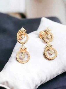 Pave 0.70 Cts Round Brilliant Natural Diamonds Dangle Earrings in 14K Rose Gold - Picture 1 of 13