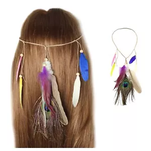 Haarband Haarkette Pfau Feder Stirnband Indianer Look Hippie Kopfschmuck - Bild 1 von 2