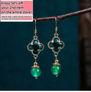 Pendientes colgantes de gota de jade verde gancho de piedras preciosas de cristal boho chapado en oro 18K - Imagen 1 de 5