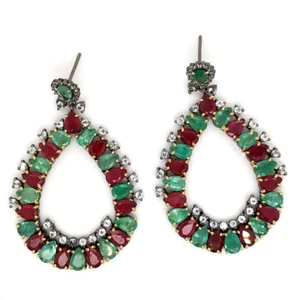 Emerald & Ruby Earrings, Pave Diamond Earrings Sterling Silver 925 Party - Picture 1 of 3