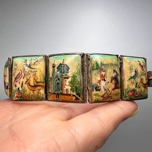 40er Jahre antikes persisches handbemaltes Tafel Armband silberfarben 8 Szenen asiatisch - Bild 1 von 8