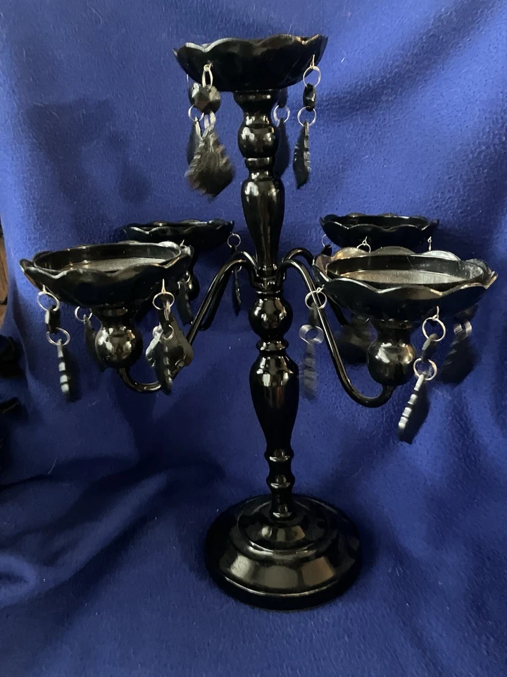 🎃 Black Metal 5-armed Tabletop Candelabra w/ Dangling Pendants - Image 1 of 4