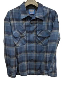 VTG USA Pendleton Board Shirt Mens Large+ Virgin Wool Plaid Flannel Button Blue - Picture 1 of 3