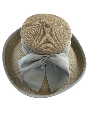 ERIC JAVITS Beige Natural Straw Wide Brim Fedora Floppy Sun Hat Blue Wide Bow - Image 1 of 4