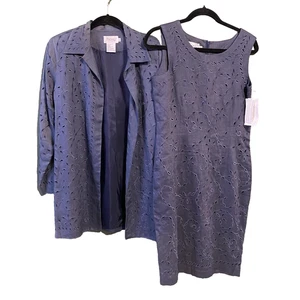 JSong Skirt Suit Womens Size 6 100% Linen Floral Eyelet Lace Gray Vintage Career - Picture 1 of 13