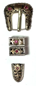 Guadalajara Sterling Mexiko ALC zweifarbige Schnalle Set rosa Stein filigran 1,5" - Bild 1 von 2