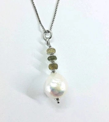 Silberkette 925 Perle Barocca Weiß 10/12 MM Turmalin Grün Geschenk Weihnachten - Bild 1 von 4