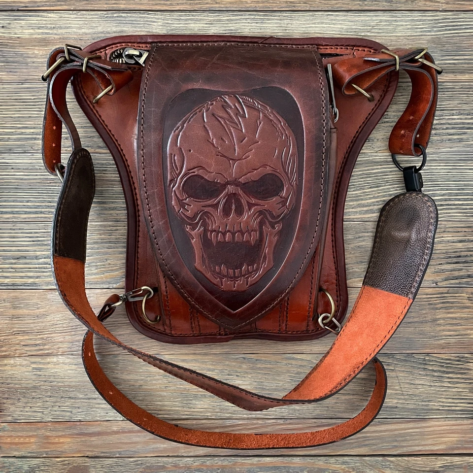 Biker bag Motorcycle Brown leather bag Leg Handmade hip bag Skull - Image 1 of 4