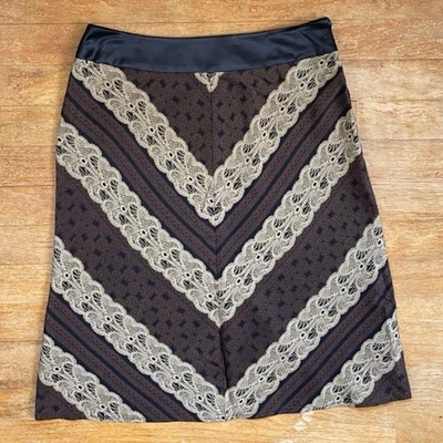 Vintage Silk Skirt Size XS 26" Waist Y2K Geometric Lace Print A-Line Brown/Black - Image 1 of 4