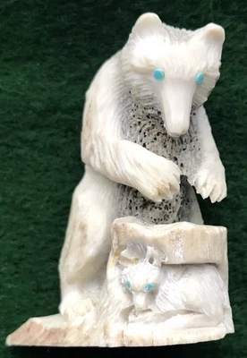 Oso zorro en tocón de árbol Zuni fetiche cuerno talla nativo americano firmado Foto 1 de 4