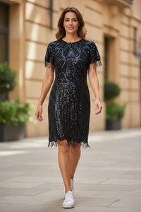 Vestido de seda vintage Laurence Kazar negro con lentejuelas y cuentas pequeño hermoso para mujer MC - Imagen 1 de 7