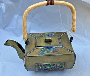 Piccola teiera esagonale smaltata ottone asiatico cinese vintage disegno - Foto 1 di 10
