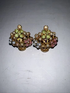 Vintage ART Arthur Pepper AB Strass Korb mit Blumen Clip-On Ohrringe - Bild 1 von 6