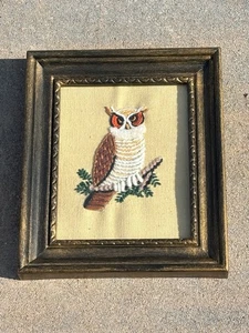 Vintage Framed 70s Crewel Owl on Branch Embroidery Wall Art Decor Small Framed - Picture 1 of 5
