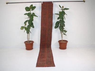 Vintage Hand Knotted Extra Narrow Runner Rug Red Bordo Tribal Patchwork 1.5x10.5 - image 1 of 4