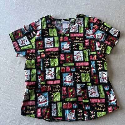 Scrubstar Scrub Top 100% Cotton Happy Holidays Santa Snowman Merry Christmas Med - Image 1 of 4