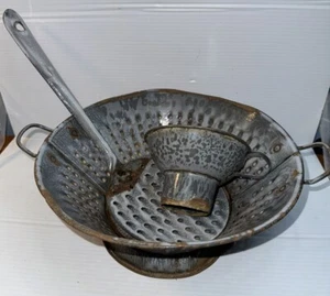 Set Of 3 Antique Mottled Gray Colander, Skimmer, Funnel Graniteware Enamelware - Picture 1 of 12