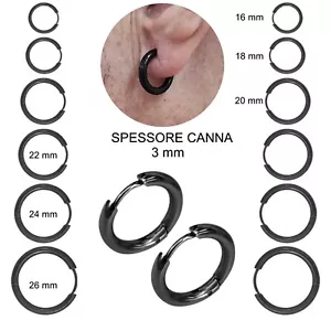 Orecchini a cerchio da uomo in acciaio inox cerchietti donna neri spessore 3 mm - Foto 1 di 23