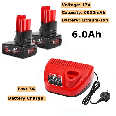 2pc 12V 6.0Ah Li-ion Battery for Milwaukee M12 XC 48-11-2401 2402 2440 + Charger