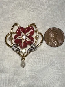 Joan Rivers Gold Tone Pink Enamel Flower Faux Pearl & Crystal Brooch Pin - Picture 1 of 10