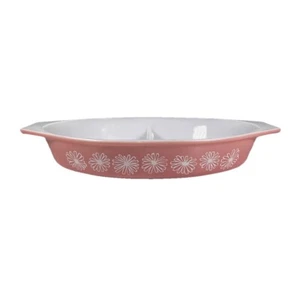 Vintage Pyrex Pink Daisy 12" Oval Divided Vegetable Dish Milk Glass - Picture 1 of 3