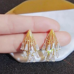 18k yellow gold made with SWAROVSKI crystal drop dangle stud cluster earrings  - Picture 1 of 12